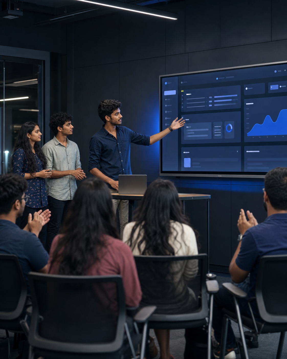 Students presenting a software project during demo day